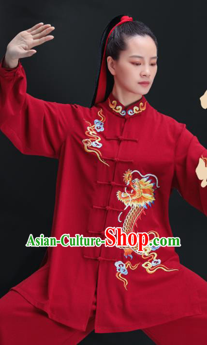 Chinese Tai Ji Competition Costumes Tai Chi Training Uniforms Kung Fu Red Outfits Martial Arts Embroidered Dragon Clothing