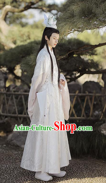 China Ming Dynasty Historical Garment Costumes Ancient Crown Prince White Hanfu Clothing