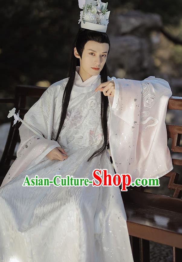 China Ming Dynasty Historical Garment Costumes Ancient Crown Prince White Hanfu Clothing