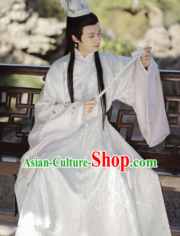 China Ming Dynasty Historical Garment Costumes Ancient Crown Prince White Hanfu Clothing