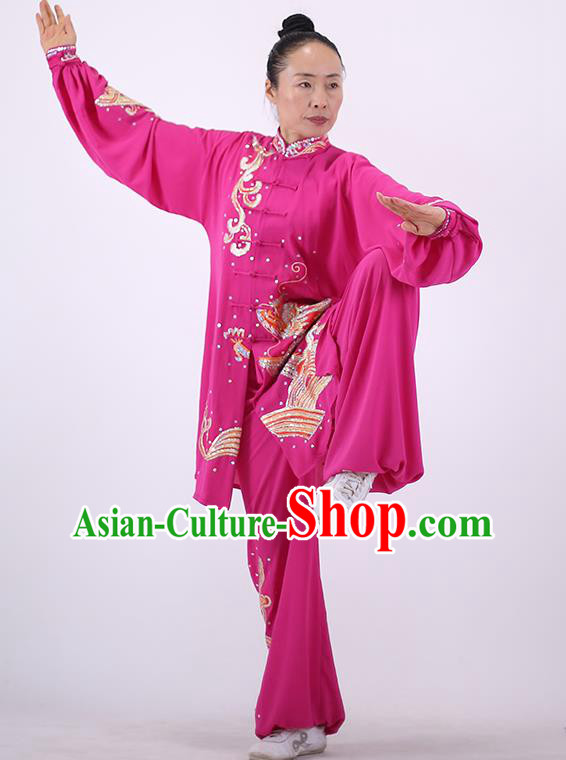 China Kung Fu Tai Ji Costumes Tai Chi Performance Rosy Uniforms Wushu Group Competition Clothing Martial Arts Embroidered Sequins Dragon Outfits