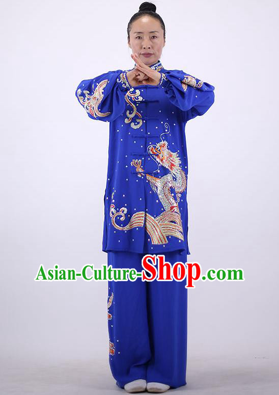 China Martial Arts Embroidered Sequins Dragon Outfits Kung Fu Tai Ji Costumes Tai Chi Performance Royalblue Uniforms Wushu Group Competition Clothing
