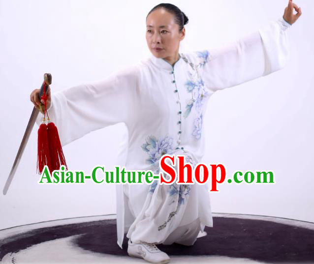China Tai Chi Performance Uniforms Wushu Group Competition Clothing Martial Arts Painting Peony White Outfits Kung Fu Costumes