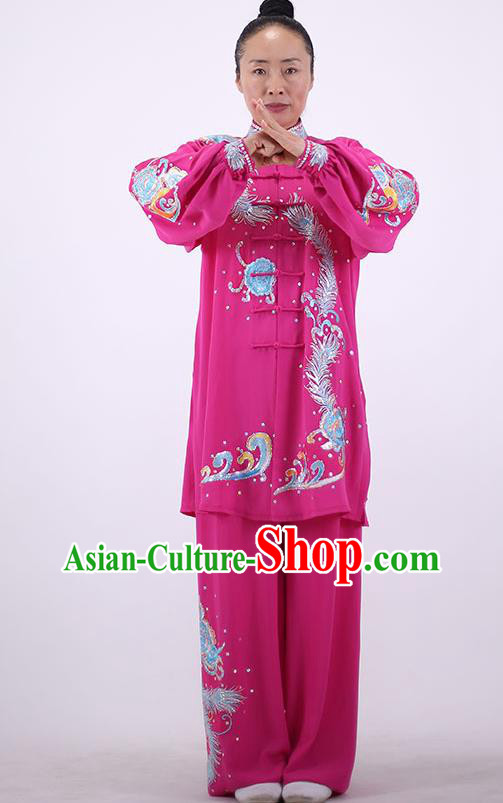 China Kung Fu Performance Costumes Tai Chi Uniforms Wushu Group Competition Clothing Martial Arts Embroidered Rosy Outfits