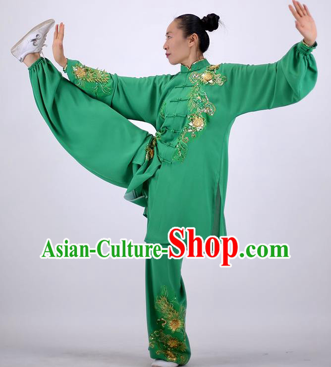 China Kung Fu Embroidered Costumes Tai Chi Performance Green Uniforms Wushu Competition Clothing Martial Arts Group Outfits