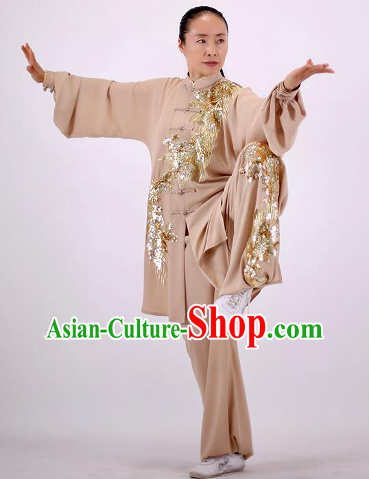 China Martial Arts Group Competition Clothing Wushu Show Outfits Kung Fu Embroidered Phoenix Costumes Tai Chi Chuan Khaki Uniforms