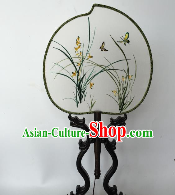 China Suzhou Embroidery Orchids Palace Fan Peach Shape Silk Fan Traditional Hanfu Fan Classical Cheongsam Dance Fans