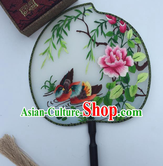 China Classical Cheongsam Dance Fans Suzhou Embroidery Mandarin Duck Palace Fan Handmade Peach Shape Silk Fan Traditional Hanfu Fan