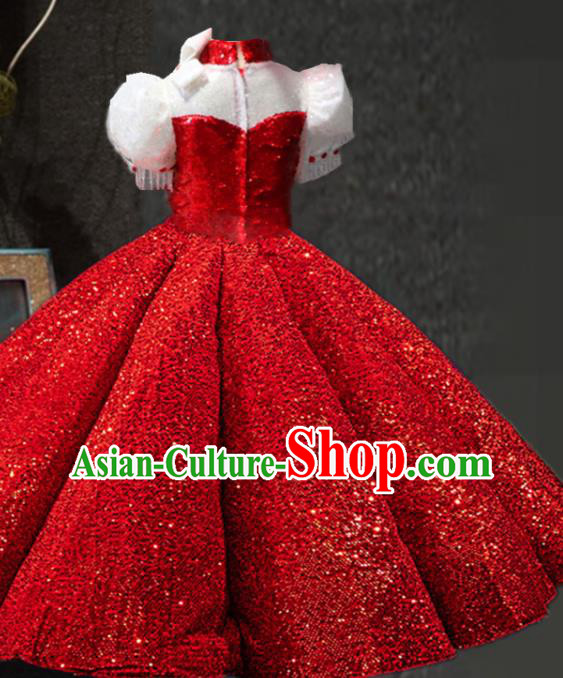 Top Girl Catwalks Red Sequins Dress Children Stage Show Clothing Girls Chorus Formal Evening Wear Costume