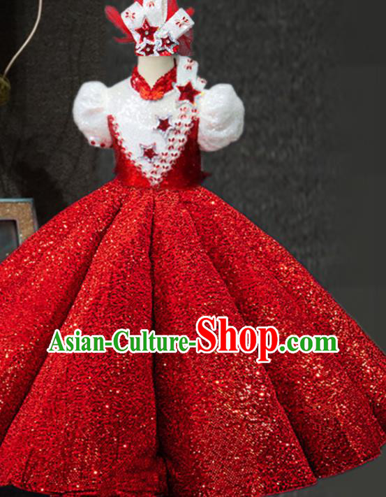 Top Girl Catwalks Red Sequins Dress Children Stage Show Clothing Girls Chorus Formal Evening Wear Costume