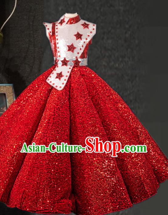 Top Girl Catwalks Red Sequins Dress Children Stage Show Clothing Girls Chorus Formal Evening Wear Costume