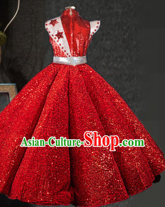 Top Girl Catwalks Red Sequins Dress Children Stage Show Clothing Girls Chorus Formal Evening Wear Costume
