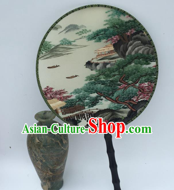 China Traditional Cheongsam Round Fan Handmade Craft Fans Vintage Silk Fan Embroidery Landscape Palace Fan