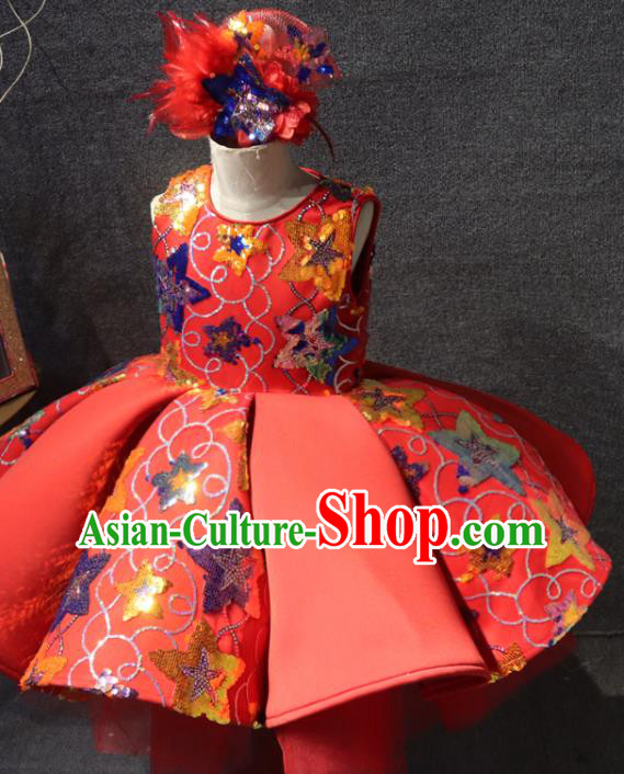 Top Girl Catwalks Red Bubble Dress Children Stage Show Embroidered Sequins Clothing Girls Compere Formal Evening Wear Costume