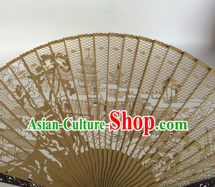 Handmade Chinese Folding Fan Carving Suzhou Gardens Craft Accordion Sandalwood Fan