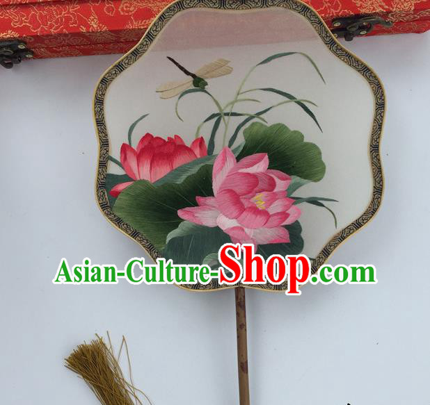China Handmade Suzhou Embroidery Lotus Dragonfly Fan Ancient Hanfu Octagon Fans Traditional Cultural Dance Silk Fan Vintage Palace Fan