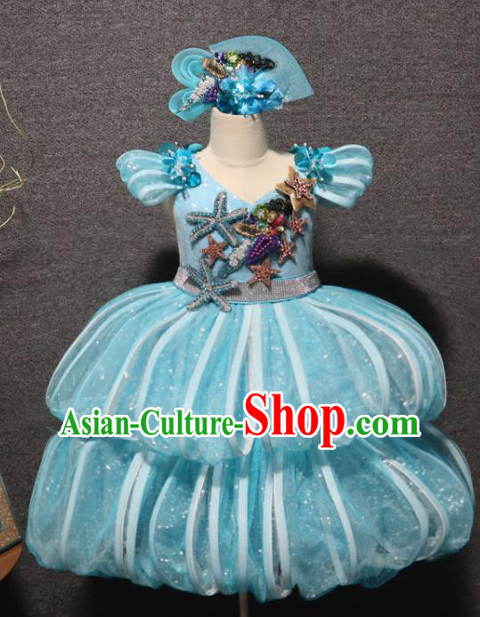 Top Chorus Performance Garment Girl Catwalks Blue Layered Dress Christmas Formal Evening Wear Children Princess Stage Show Clothing