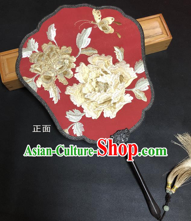 China Vintage Embroidered Peony Palace Fan Handmade Red Silk Fan Ancient Princess Fans Traditional Wedding Fan