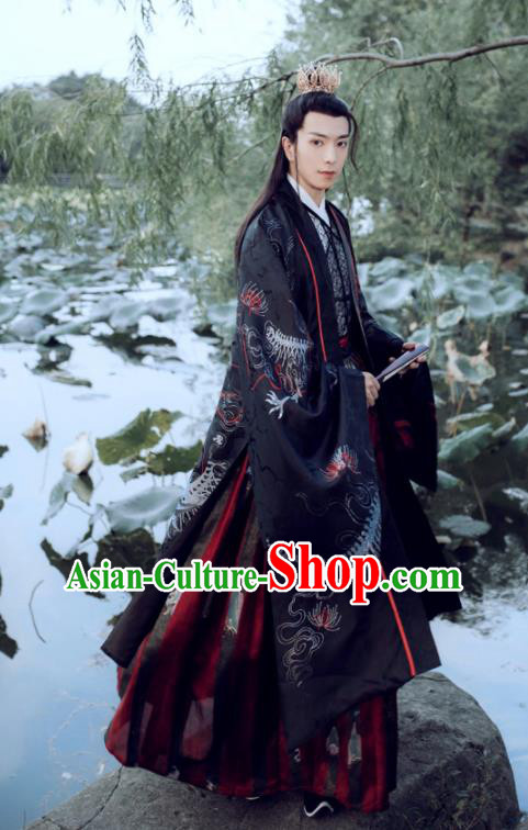 China Ancient Crown Prince Historical Garment Clothing Traditional Swordsman Fashion Jin Dynasty Royal Childe Black Hanfu Attire