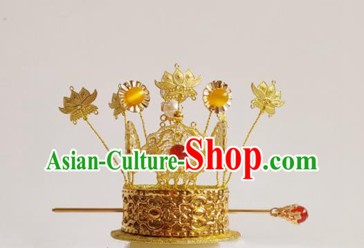 Handmade Chinese Ming Dynasty Prince Golden Hair Crown Ancient Royal Highness Headwear Drama Traditional Hanfu Emperor Headpieces