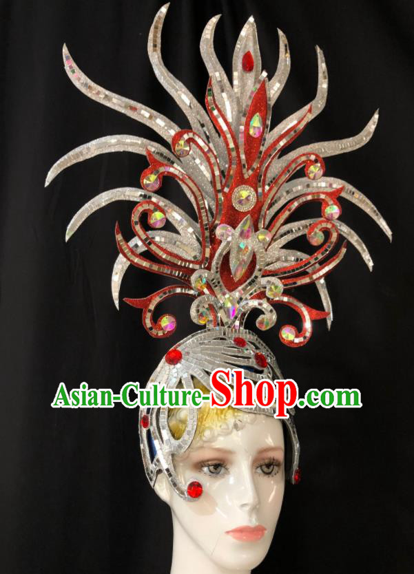 Handmade Brazil Parade Giant Headpiece Rio Carnival Headdress Deluxe Hair Accessories Halloween Stage Show Argent Royal Crown