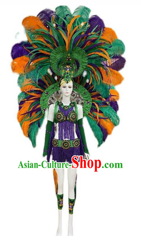 Brazilian Carnival Props Professional Samba Dance Clothing Miami Deluxe Green Feathers Wings and Headdress