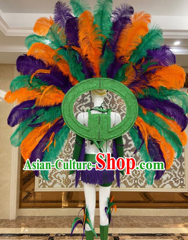 Brazilian Carnival Props Professional Samba Dance Clothing Miami Deluxe Green Feathers Wings and Headdress