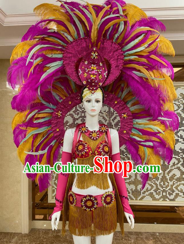 Miami Deluxe Rosy Feathers Wings and Headdress Brazilian Carnival Props Professional Samba Dance Clothing