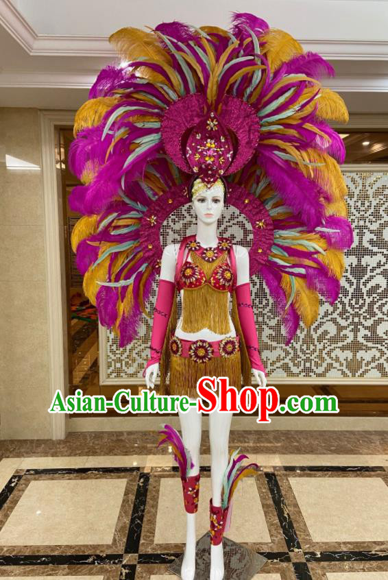 Miami Deluxe Rosy Feathers Wings and Headdress Brazilian Carnival Props Professional Samba Dance Clothing