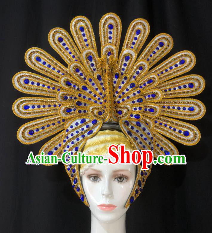 Handmade Samba Dance Golden Peacock Royal Crown Stage Show Hair Accessories Halloween Deluxe Headwear Brazil Carnival Giant Headpiece