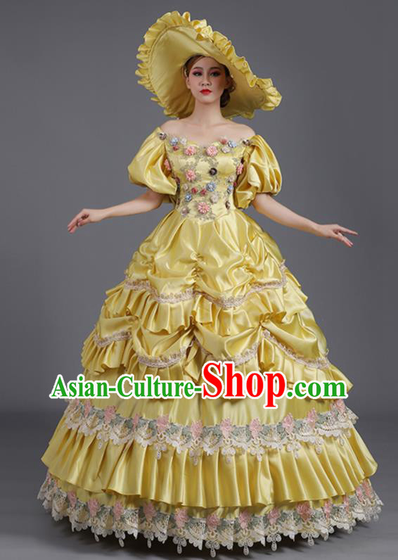 Custom Western Style Clothes Europe Vintage Garment Costume Stage Performance Fashion European Royal Princess Yellow Full Dress