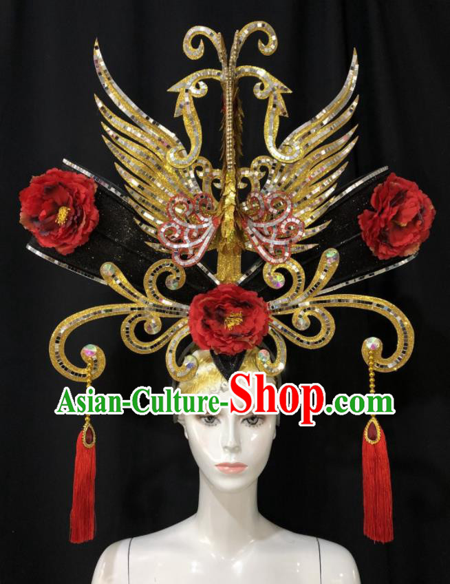 Handmade Cosplay Queen Giant Phoenix Coronet Brazil Carnival Deluxe Headpiece Samba Dance Golden Royal Crown Halloween Performance Hair Accessories