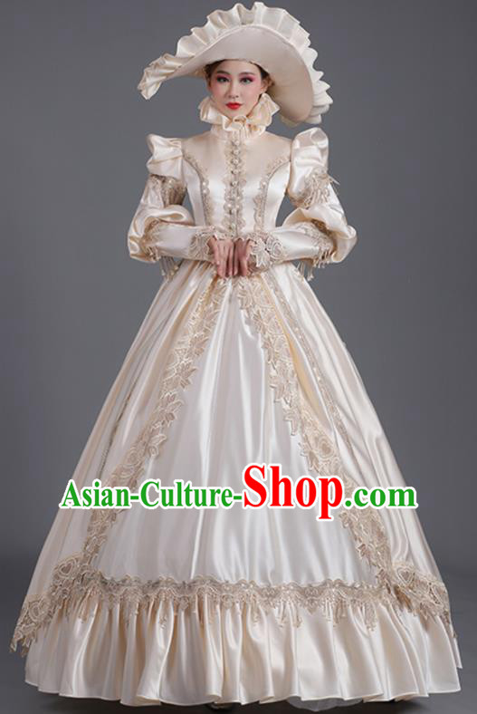 Custom European Stage Performance Fashion Countess Beige Full Dress Western Style Court Clothes Europe Vintage Garment Costume