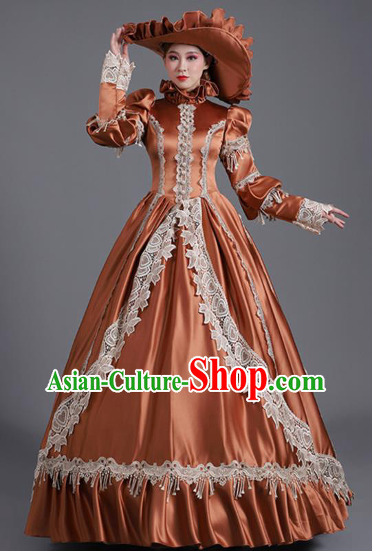 Custom Europe Vintage Full Dress Stage Performance Fashion European Noble Woman Brown Satin Dress Western Medieval Age Court Clothing