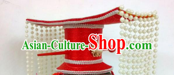 China Ancient Queen Tassel Hair Crown Traditional Drama Palace Hair Accessories Tang Dynasty Empress Wu Zetian Red Hat Headdress