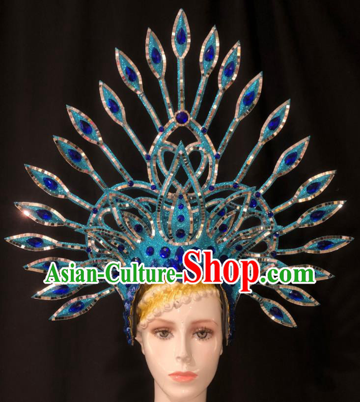 Handmade Rio Carnival Blue Royal Crown Cosplay Queen Deluxe Hair Accessories Halloween Stage Show Hat Brazil Parade Giant Headdress