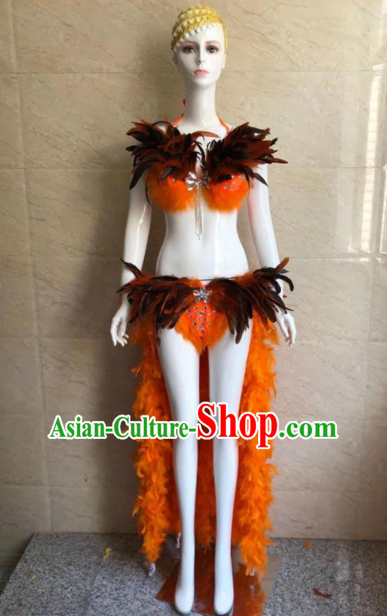 Custom Samba Dance Costumes Brazilian Carnival Uniforms Party Show Clothing Woman Catwalks Orange Feather Swimwear