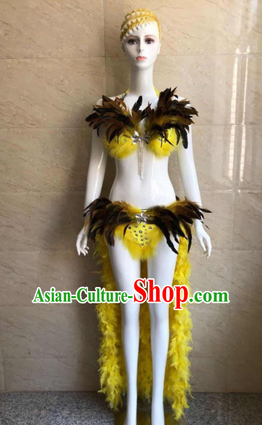 Custom Brazilian Carnival Uniforms Stage Show Clothing Woman Catwalks Yellow Feather Swimsuit Samba Dance Swimwear