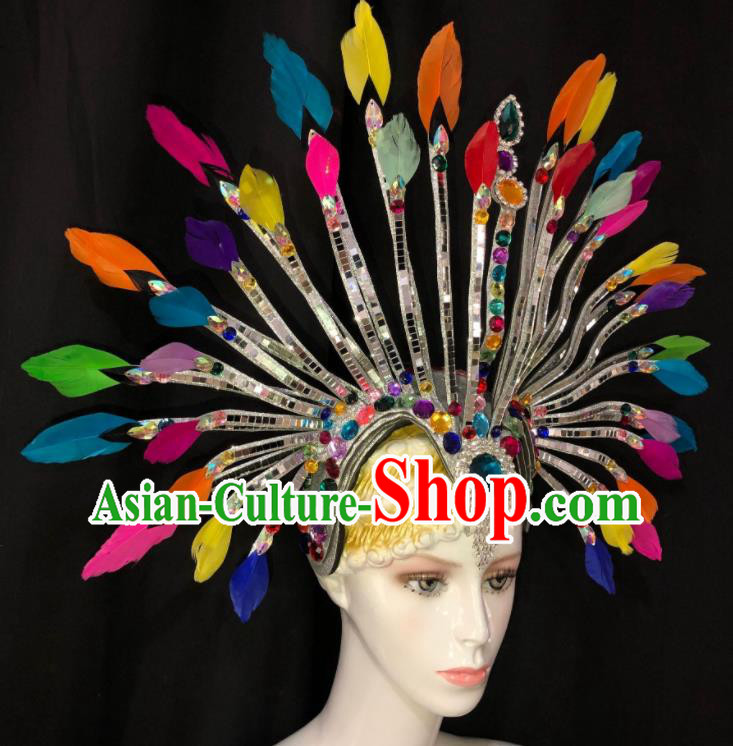 Handmade Rio Carnival Colorful Feather Headdress Stage Show Royal Crown Halloween Cosplay Headpiece Samba Dance Hair Accessories