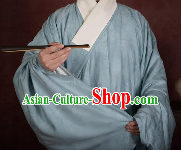 China Ancient Taoist Blue Hanfu Robe Traditional Ming Dynasty Male Scholar Historical Clothing