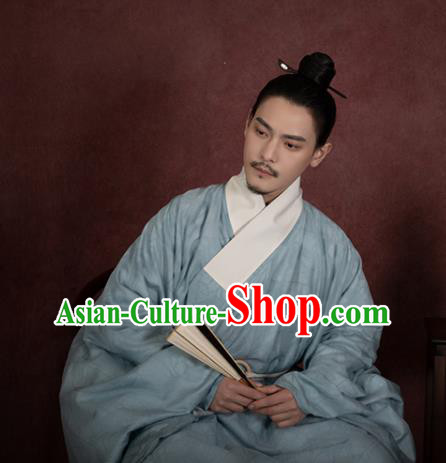 China Ancient Taoist Blue Hanfu Robe Traditional Ming Dynasty Male Scholar Historical Clothing