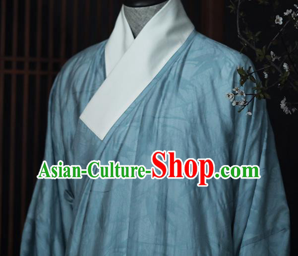 China Ancient Taoist Blue Hanfu Robe Traditional Ming Dynasty Male Scholar Historical Clothing