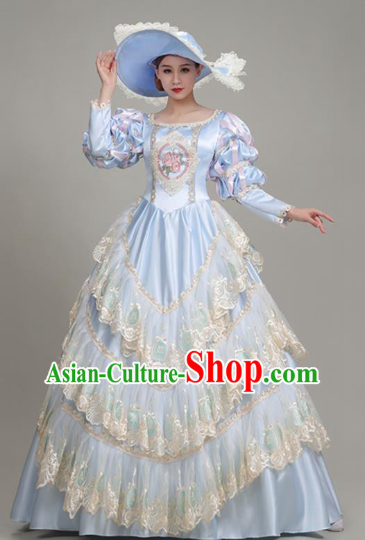 Custom European Royal Princess Clothing Western Stage Blue Full Dress Europe Vintage Garment Costume Drama Performance Fashion