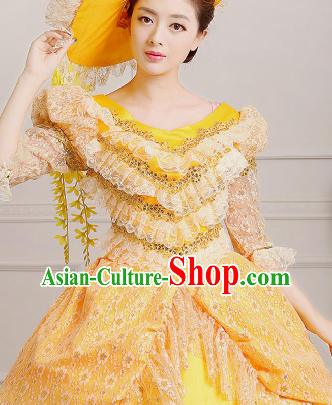 Custom Europe Court Clothing European Woman Yellow Full Dress Western Vintage Fashion Middle Age Royal Countess Dress