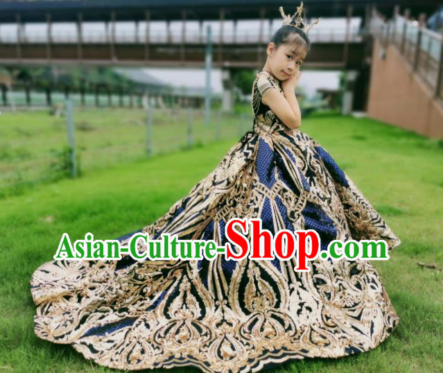 Top Christmas Baroque Princess Formal Garment Children Stage Performance Blue Trailing Evening Dress Girl Catwalks Show Embroidered Clothing