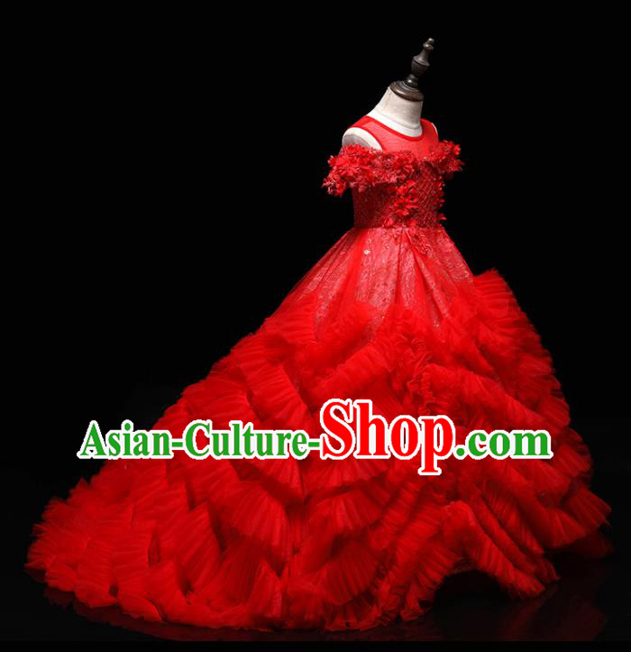 Top Christmas Princess Red Lace Garment Children Stage Performance Formal Clothing Girl Catwalks Show Trailing Evening Dress