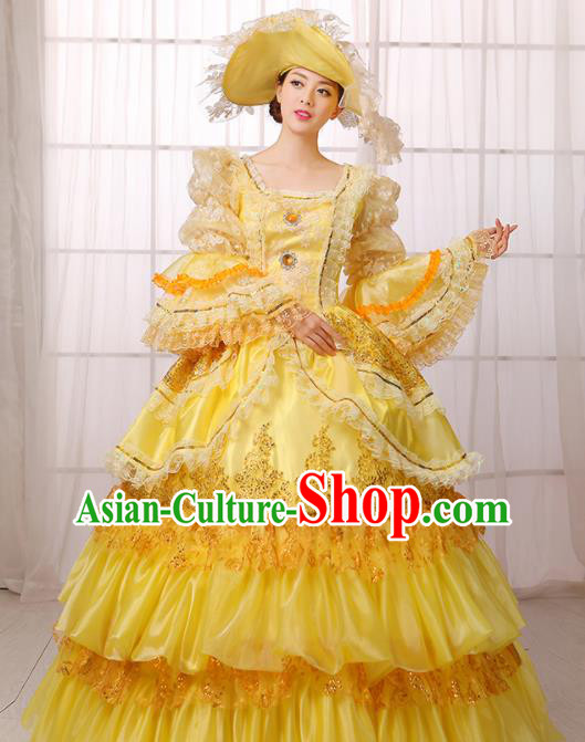 Custom Western Woman Catwalks Dress Europe Countess Clothing European Medieval Yellow Full Dress Drama Performance Fashion