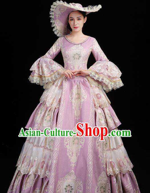 Custom European Medieval Lilac Full Dress Drama Performance Vintage Fashion Western Woman Catwalks Dress Europe Princess Clothing