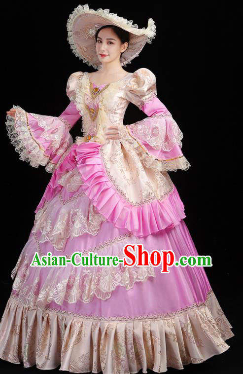 Custom Western Woman Catwalks Dress Europe Noble Lady Clothing European Medieval Rosy Full Dress Opera Performance Vintage Fashion