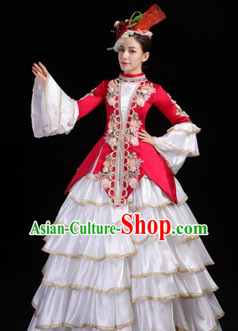 Custom European Medieval Vintage Dress Western Opera Performance Fashion Europe Court Woman Clothing Catwalks Wine Red Full Dress